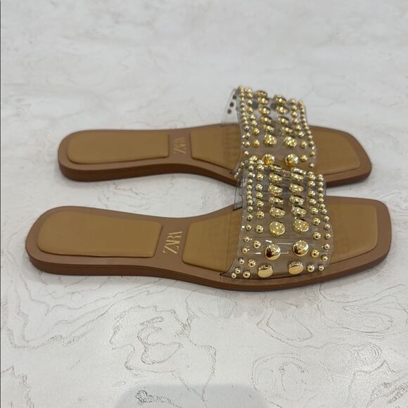 ZARA clear slides gold studs sandals 39 fit like size 8.5 - Picture 9 of 12
